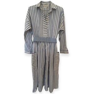Vintage I. MAGNIN 70s Dress Blue Shirt Dress Contrast Stripe Pockets M